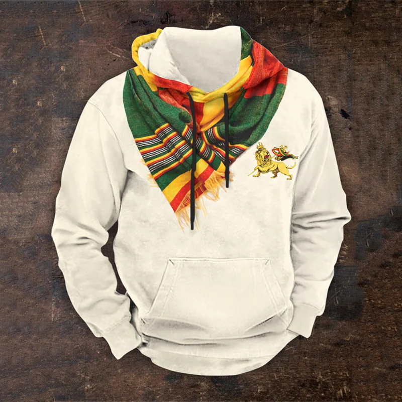 Vintage Reggae Jah Lion Ethiopian Scarf Traditional Inspired Print Graphic Hoodie