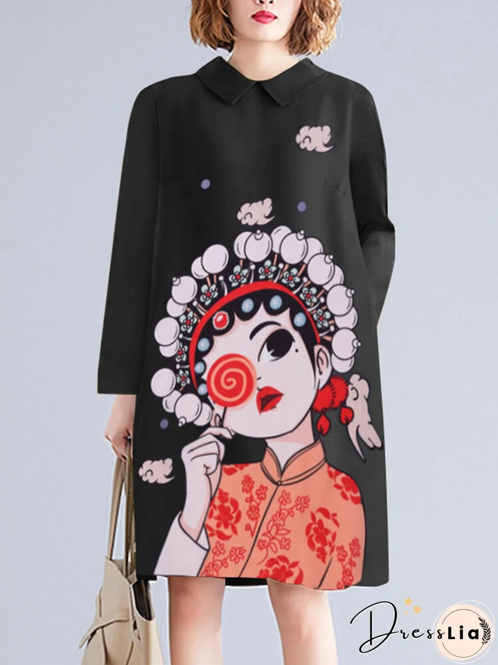 Cartoon Print Doll Collar Pocket Long Sleeve Dress For Women