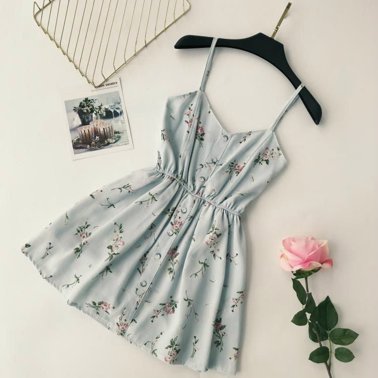 Cottagecore Fashion Spaghetti Strap Floral Print A-Line Dress CF19