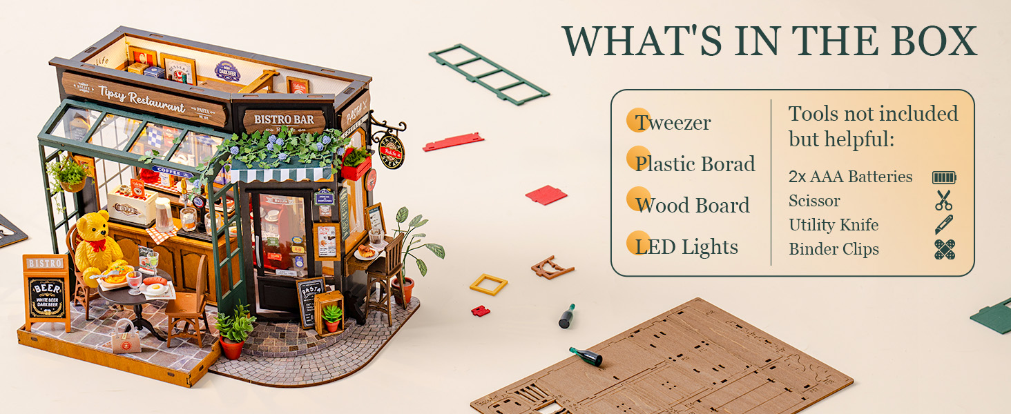 Tegooe 3D Wooden Puzzle Miniature Dollhouse Kit - Bistro Bar with LED Lights