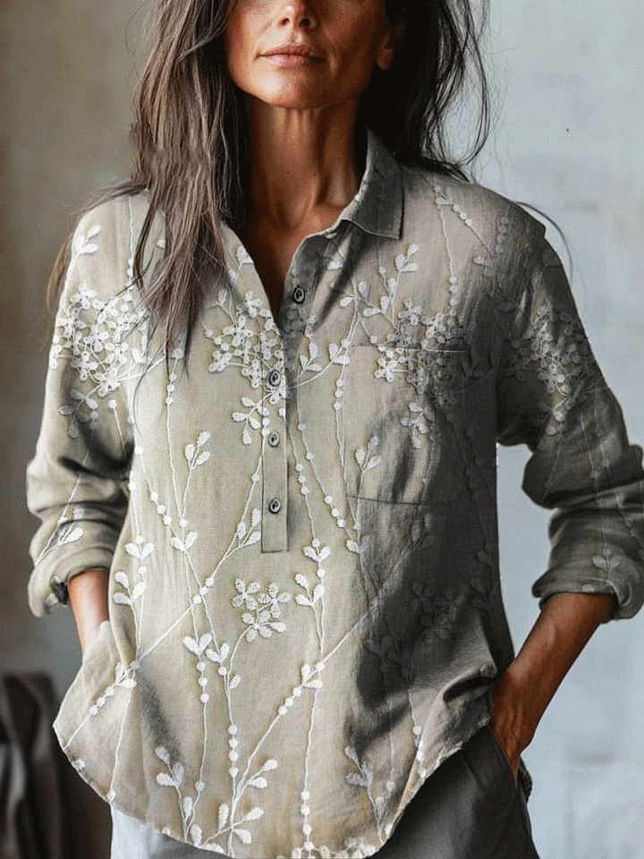 Women's Vintage Lovely Floral Art Print Casual Cotton And Linen Shirt