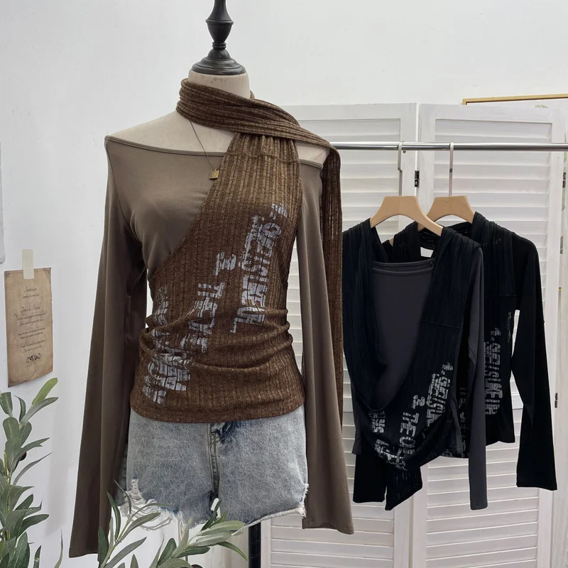 Nigikala Nigikala Hottie Side Hanging Neck Scarf Print Knitted Top Design Embody T-Shirt 2786