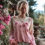 Boho Vintage Floral Lace Embroidered Women's Linen Long Sleeve Shirt - Image 2