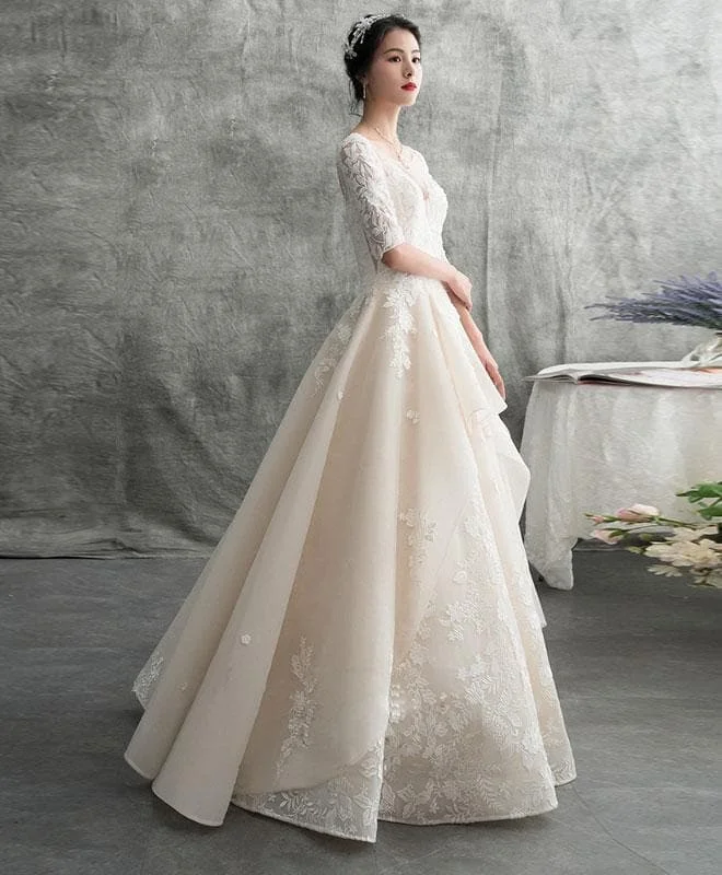 Champagne Tulle Lace Long Wedding Dress, Tulle Lace Applique Wedding Gown