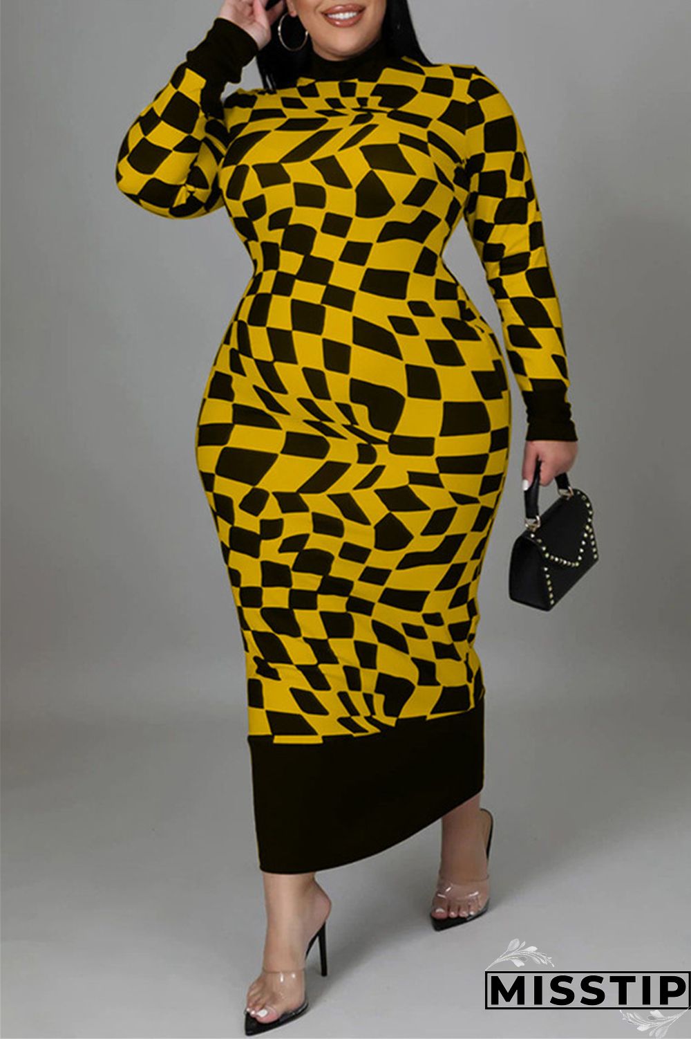 Yellow Casual Plaid Print Patchwork Half A Turtleneck Long Sleeve Plus Size Dresses