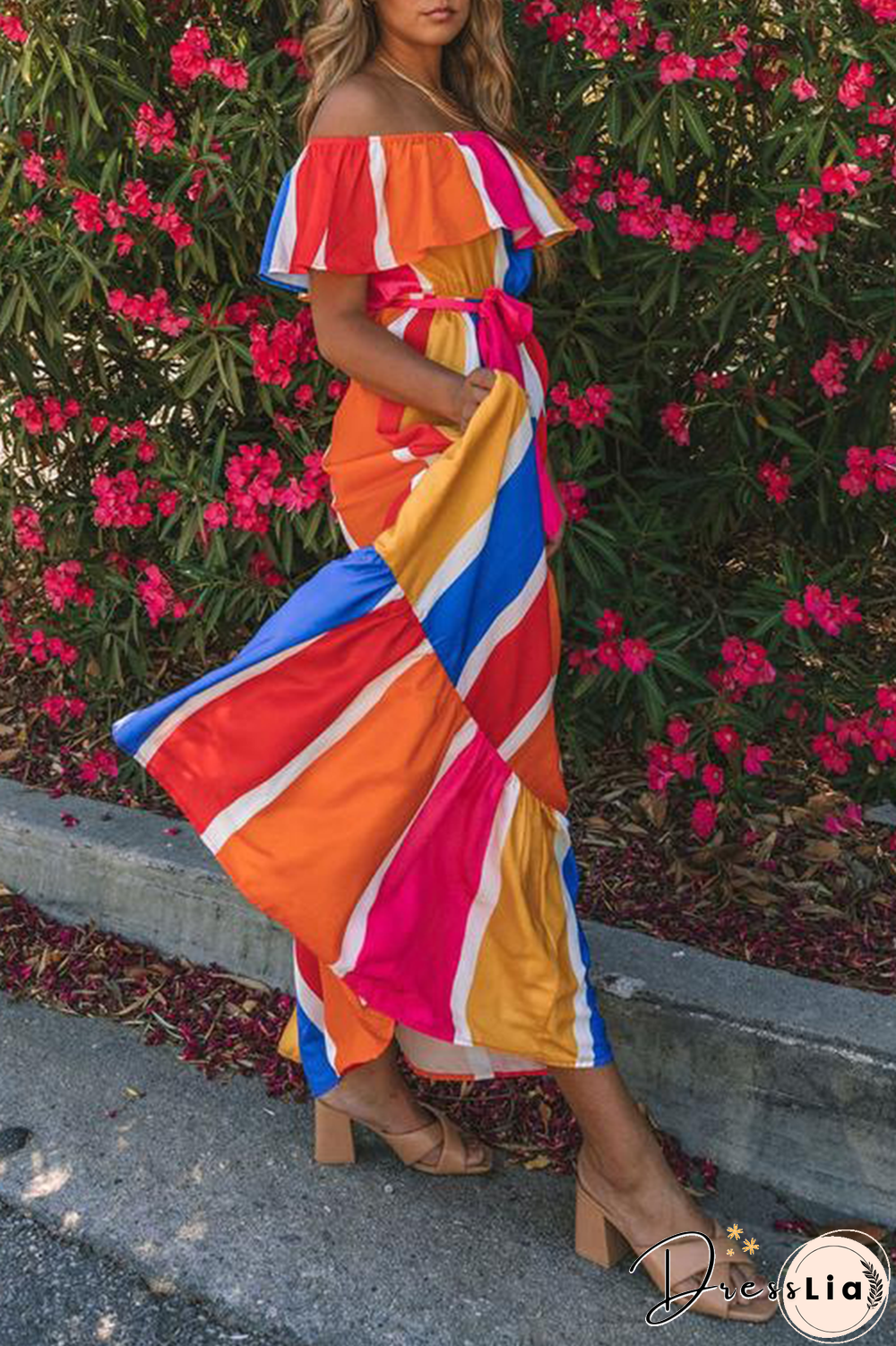 Casual Striped Split Joint Off The Shoulder Cake Skirt Dresses