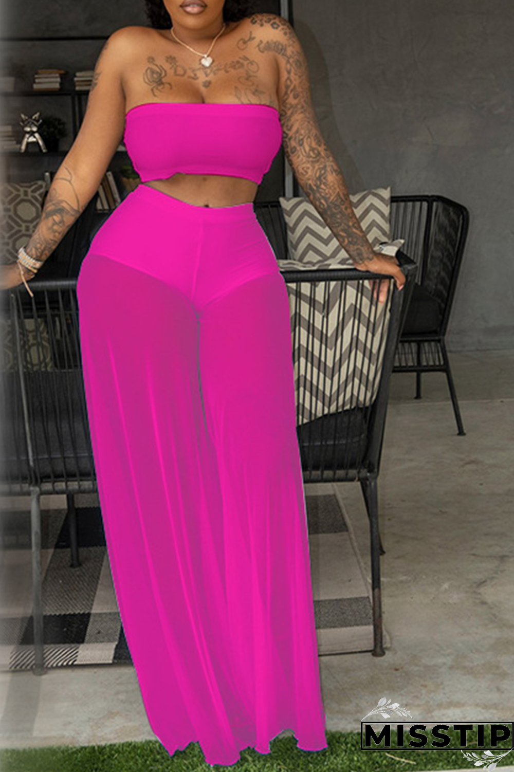 Rose Red Sexy Solid Mesh Strapless Sleeveless Two Pieces