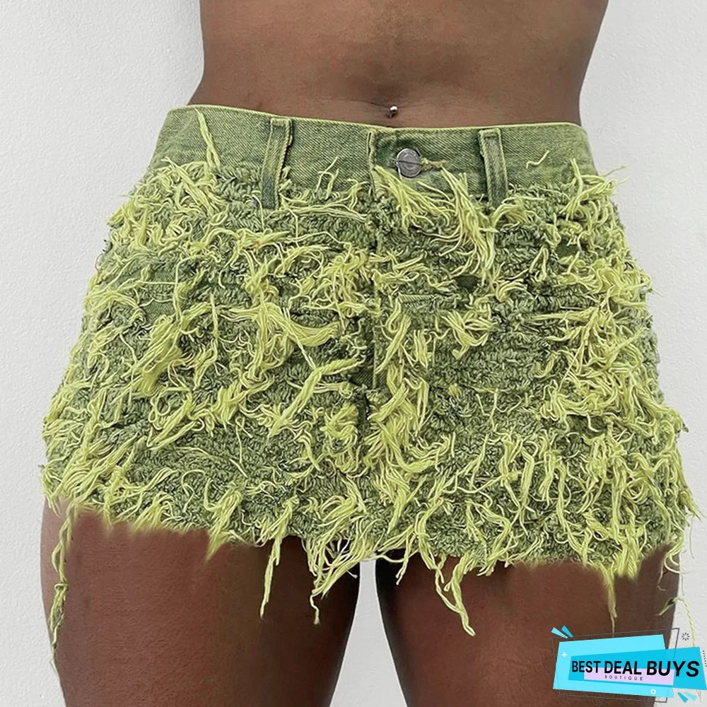 Women's Summer Bright Tassel Tight Fitting Non-Stretch Denim Skirt
