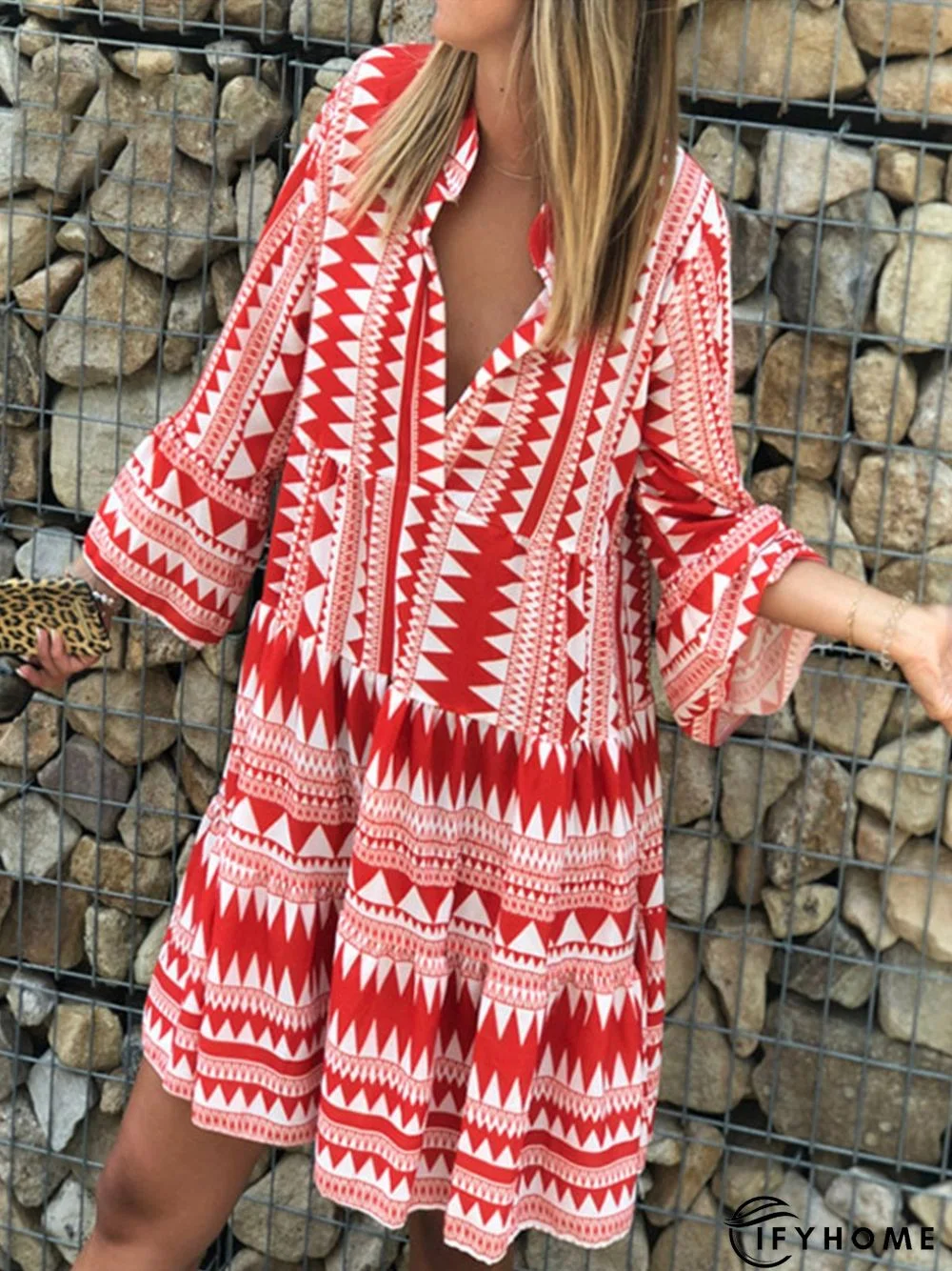 Printed 3/4 Sleeve Casual Weaving Dress | IFYHOME