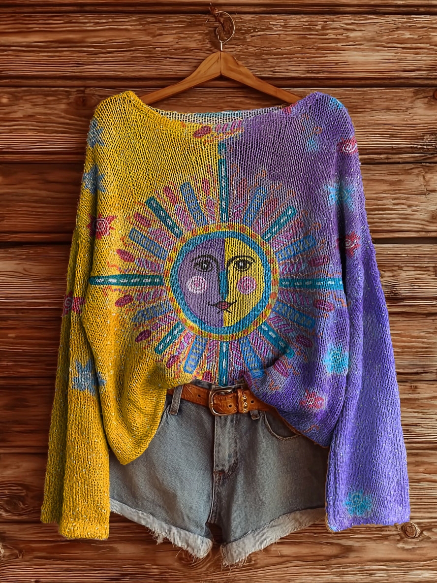 Women's Color Clash Face Sun Tattoo Pattern Art Print Casual Pullover Sweater