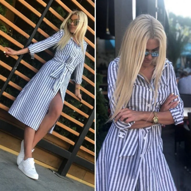 2023 Women Casual Blue Striped Sashes Dress Lady Long Sleeve Turn-Down Collar A-line Party Dress Vintage Summer Women Dresses