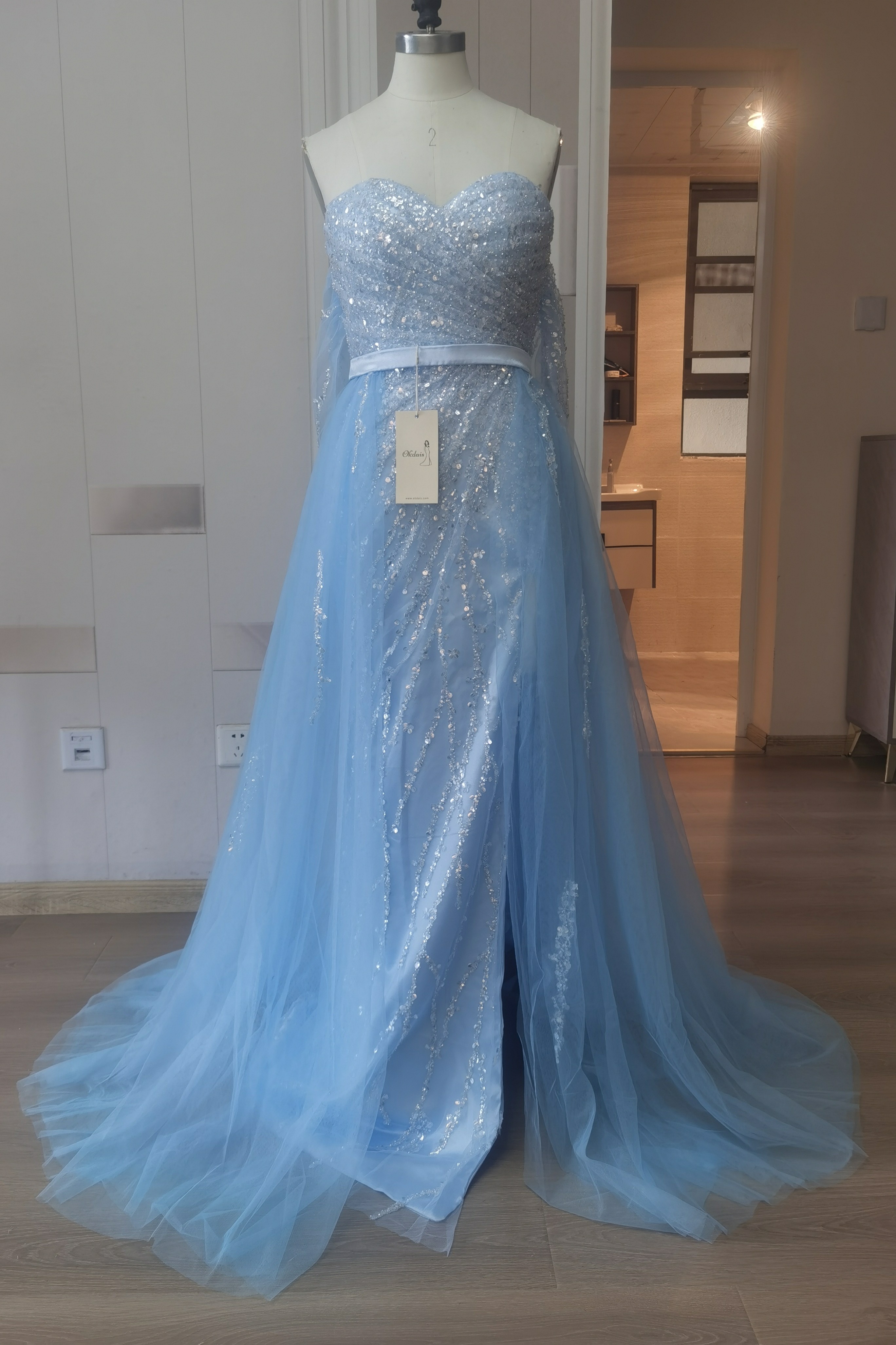 Sky Blue Prom Dress Sequin Tiered A Line Off the Shoulder Evening Dress ZXS2524