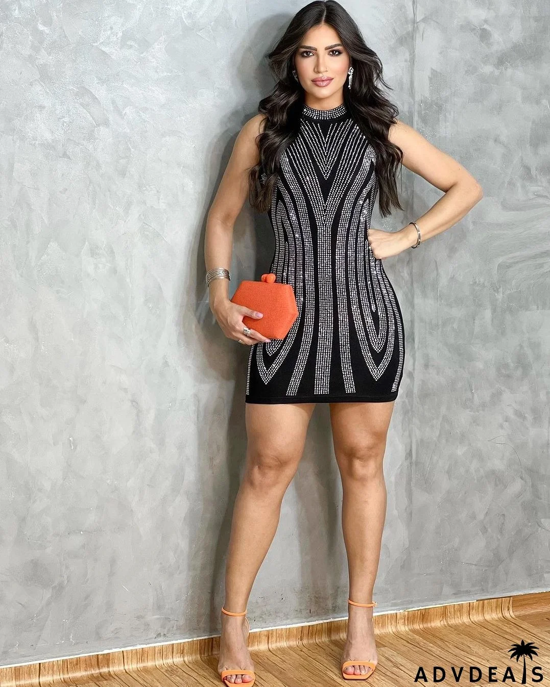 Women Sexy Beaded Sleeveless Bodycon Stretch Dress