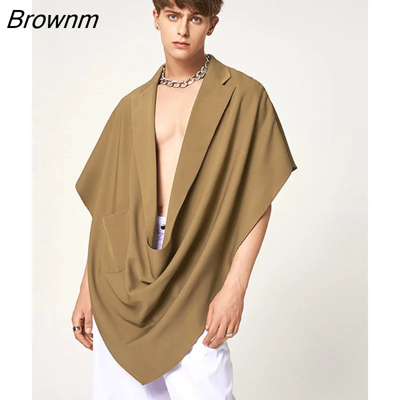 Brownm Fashion Men Vests Solid Color Lapel Sleeveless Casual Irregular Waistcoats Pockets Loose Streetwear Men Cloak S-5XL INCERUN