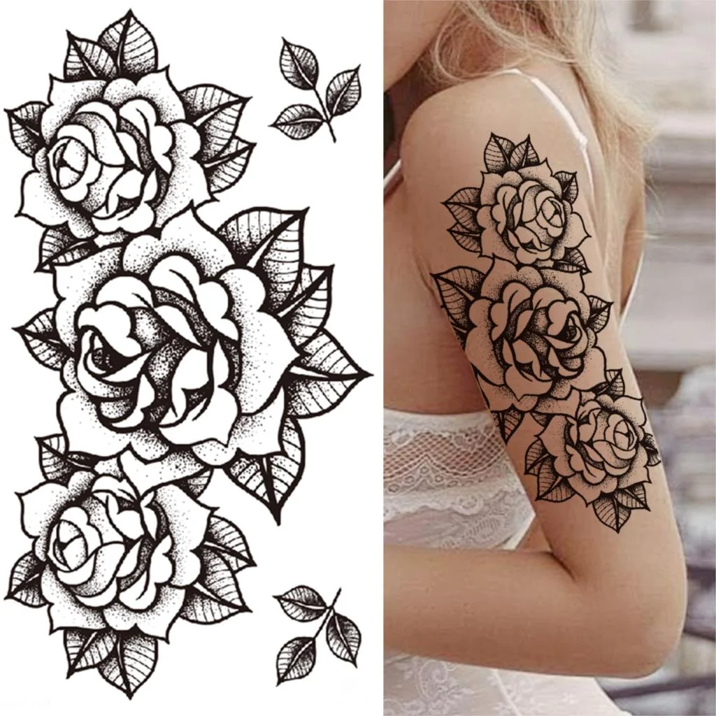Geometry Rose Flower Temporary Tattoos For Women Girls Black Butterfly Bird Tattoo Sticker Fake Peony Geometric Body Art Tattos