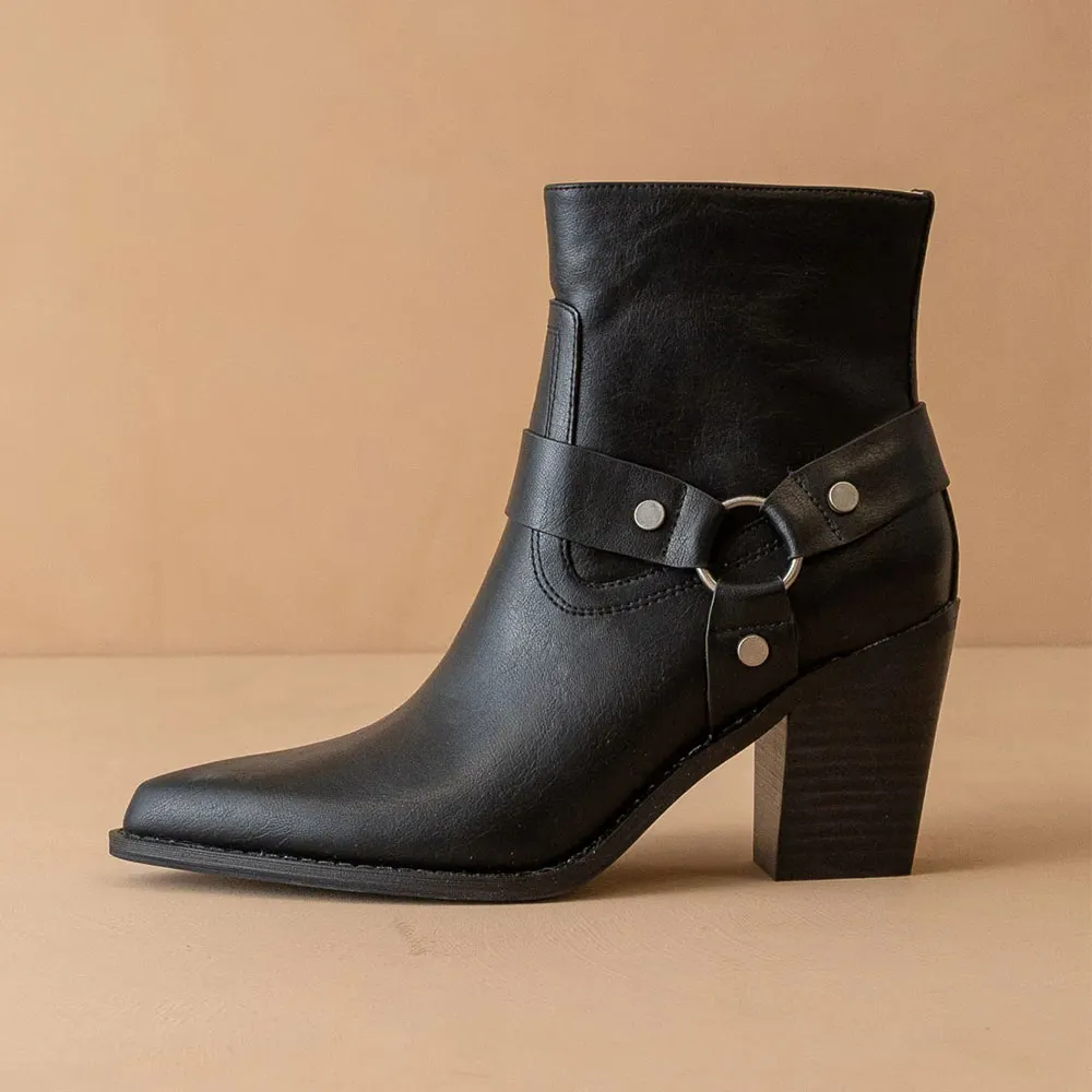 Studded Block High Heel Ring Black Pointed Toe Ankle Boots for Women