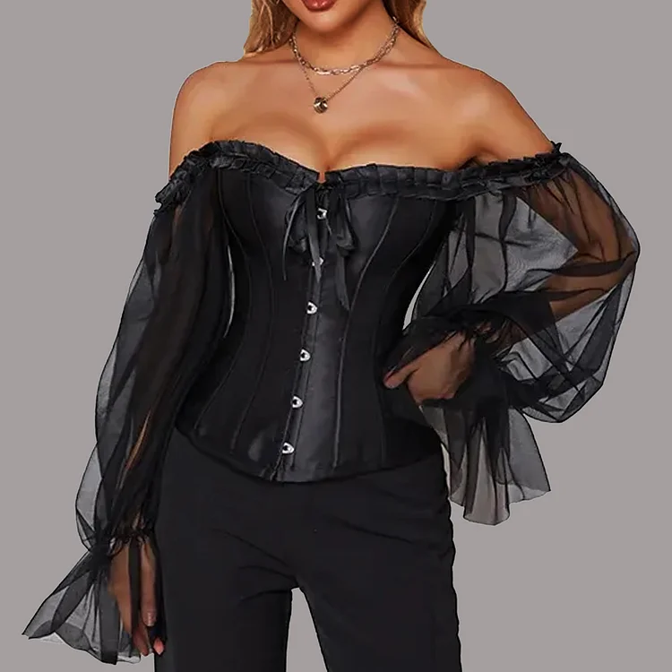 Vintage Off Shoulder See-Through Long Sleeve Lace Up Corset Blouse