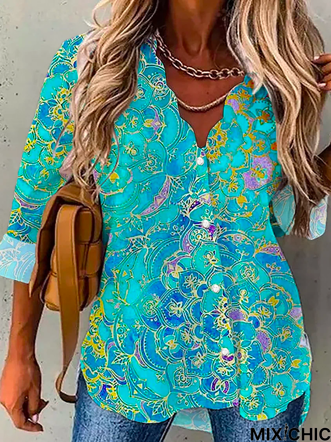 Printed Casual Long Sleeve Tunic Blouse