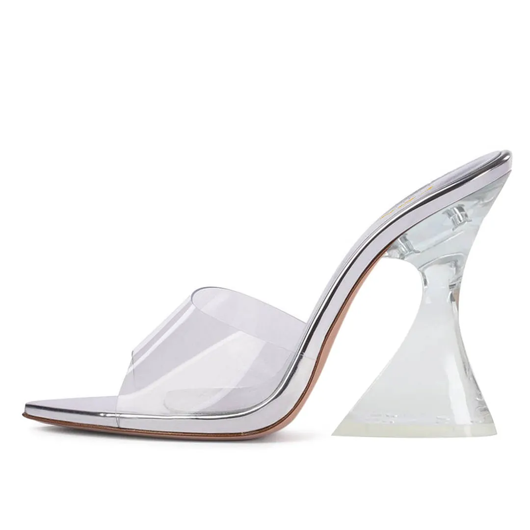 Silver Clear Flared Heel Open-Toe Trendy Mule Shoes for Women