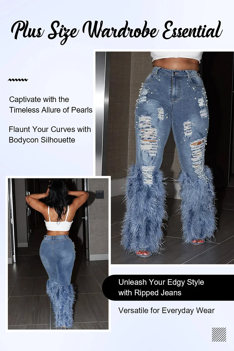 Plus Size Frayed Pearl Rhinestone Jeans