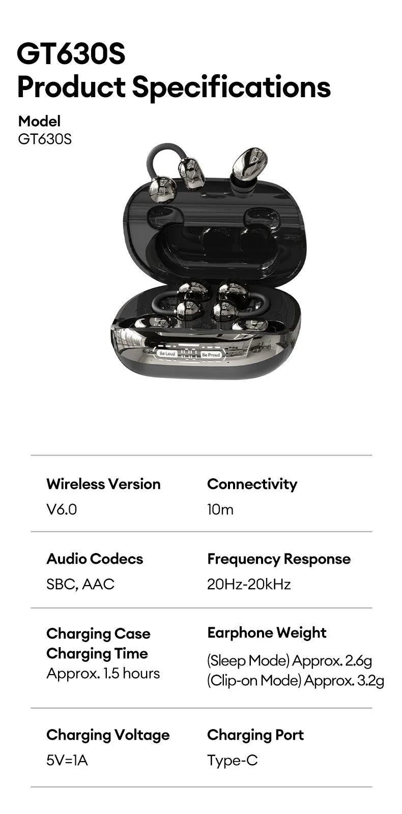 GT630S Bluetooth Wireless Earbuds with Chargeable Power Bank Case, 4 Earbuds, Clip-On Design, Noise Cancellation, Water Resistant, Reverse Phone Charging, Audio for Sports &amp; Sleep, Android &amp; iOS Compatible