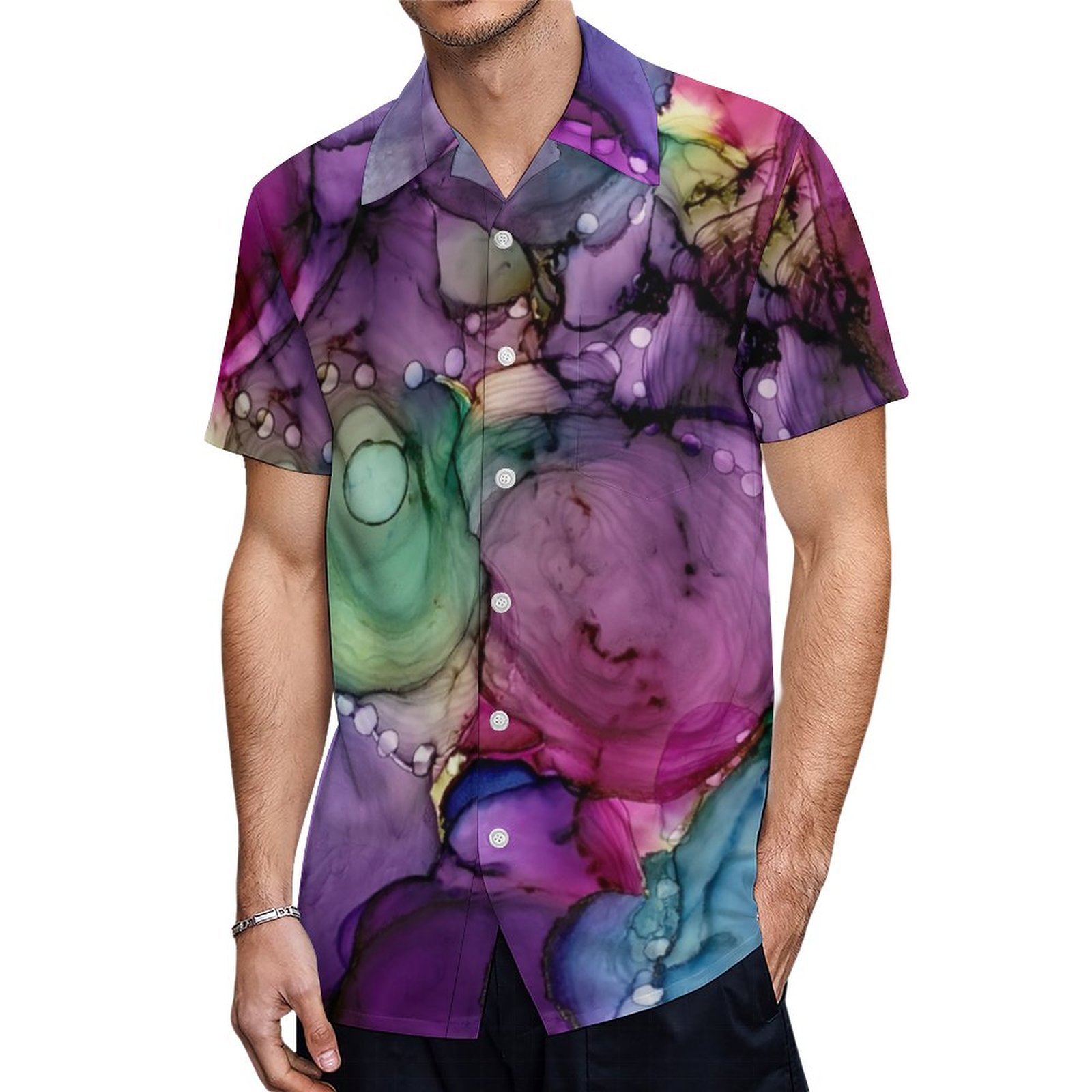 Inky Multicolored Alcohol Ink Liquid Abstract Art Hawaiian Shirt Mens Button Down Tropical Hawaii Beach Shirts