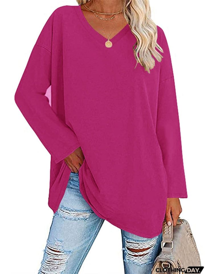 Women's V Neck Long Sleeve Cozy Loose Cotton Tops