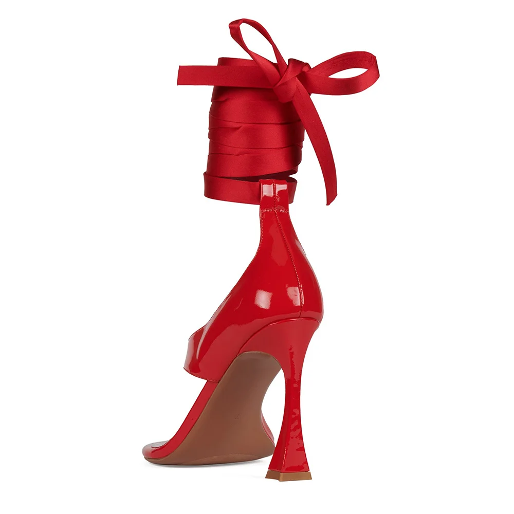 Red Patent Leather Round Toe Flared Heel Flip Flops Lace Up Sandals