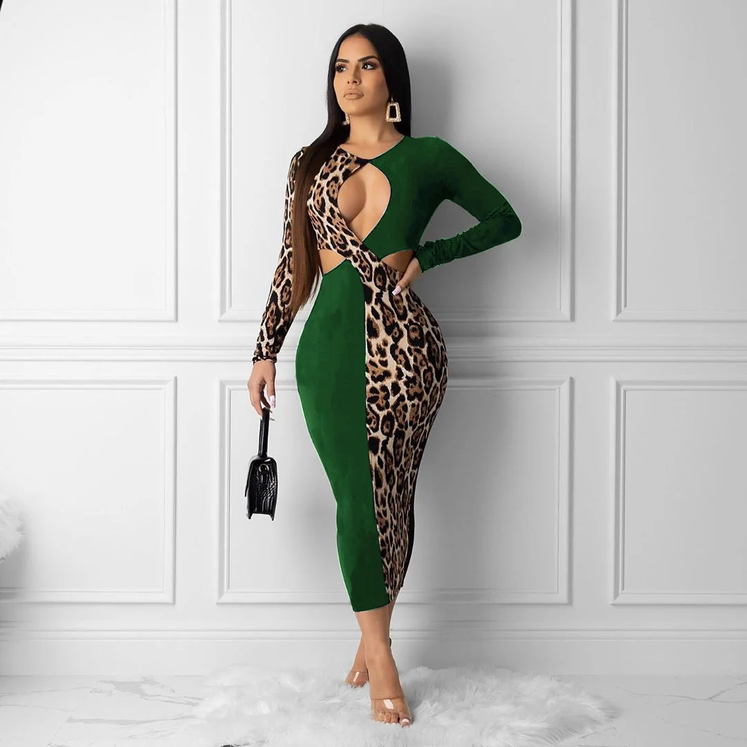 Leopard Patchwork Long Sleeve Cut Out Sexy Dresses