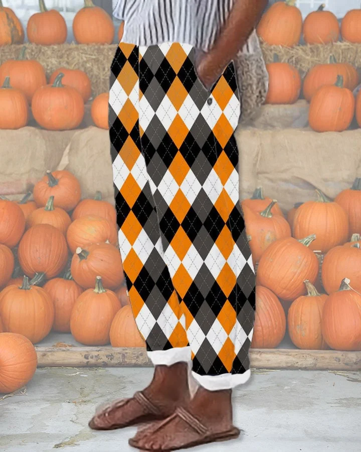 Women's Autumn Pumpkin Plaid Contrast Casual Pants