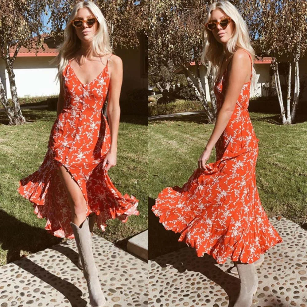 WildPinky Elegant Polka dot boho women midi summer dress Sexy v-neck strap button A-line dress Female print beach vestidos