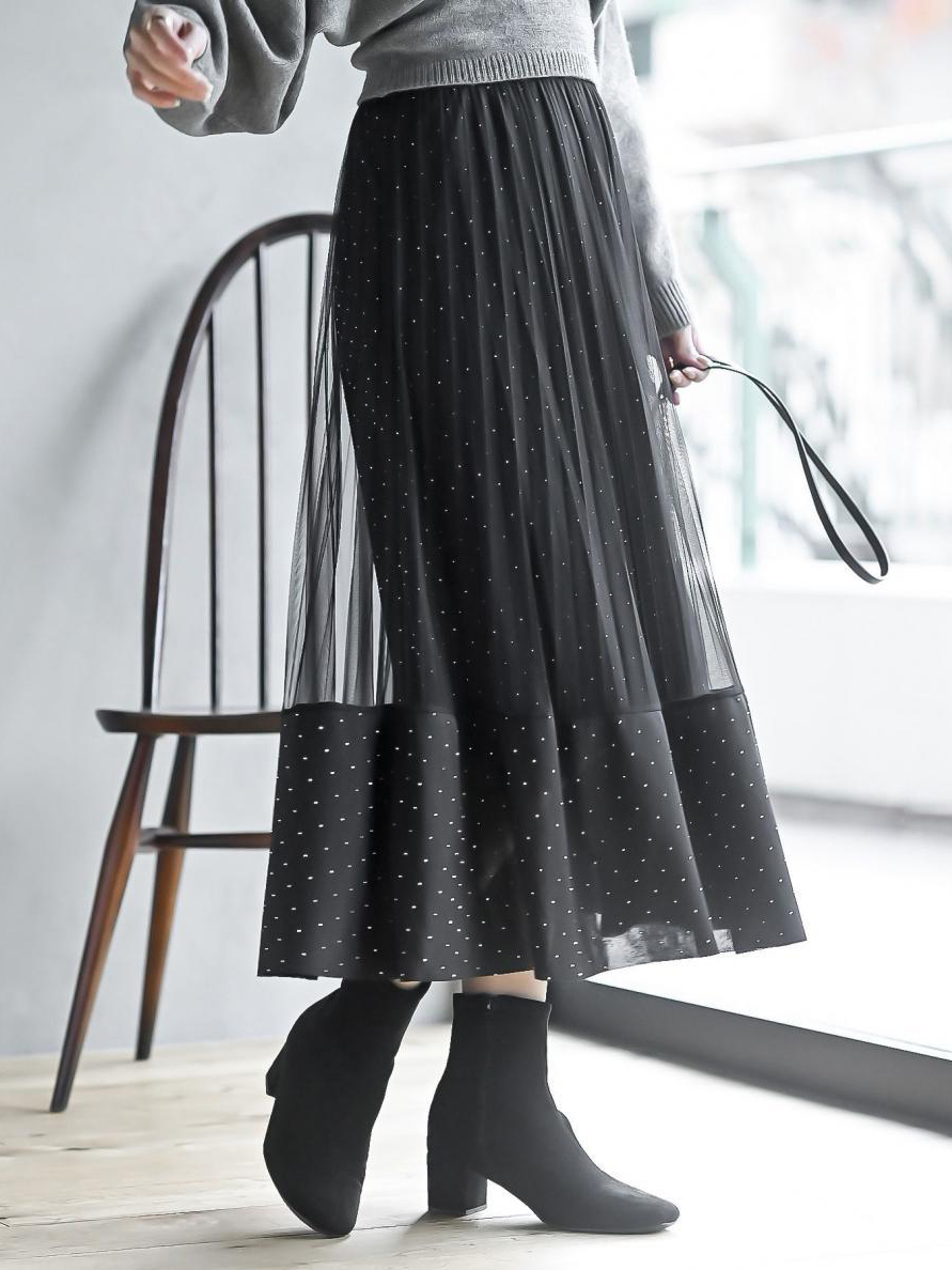 Rhinestone Trim Sheer Mesh Pleated Midi Skirt