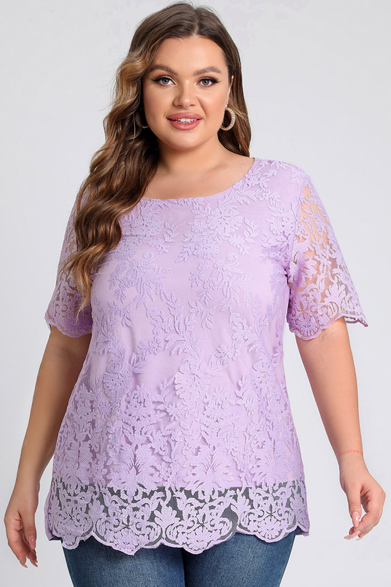 Plus Size Mesh Embroidered Short Sleeve Blouses