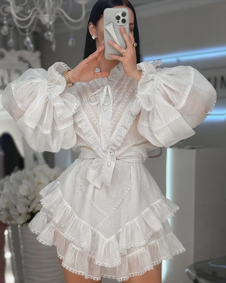 Women's Lantern Sleeve Ruffle Lace Mini Dress