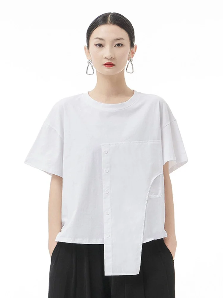 Simple Loose O-neck Asymmetrical Patchwork Short Sleeve T-Shirt