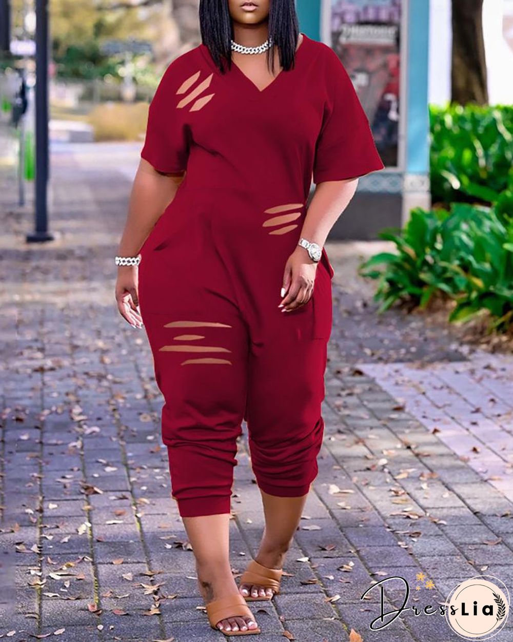 Pocket Design Cutout Short Sleeve Jumpsuit