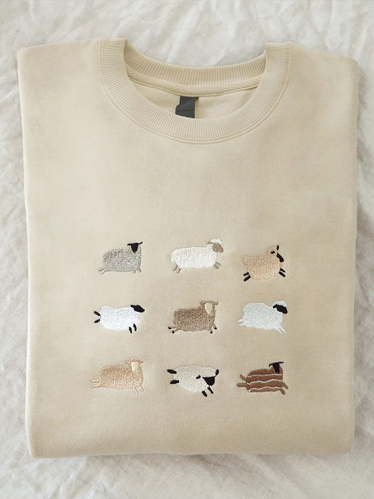 Comstylish Embroidery Art Sheep Print Casual Cozy Sweatshirt