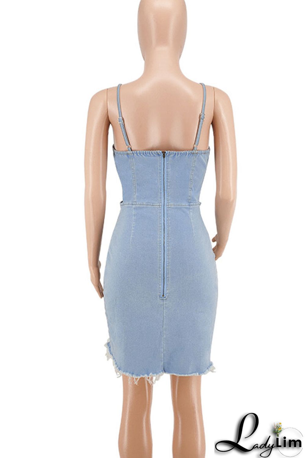 Light Blue Sexy Solid Rivets Patchwork Asymmetrical Spaghetti Strap Sleeveless Regular Denim Dresses