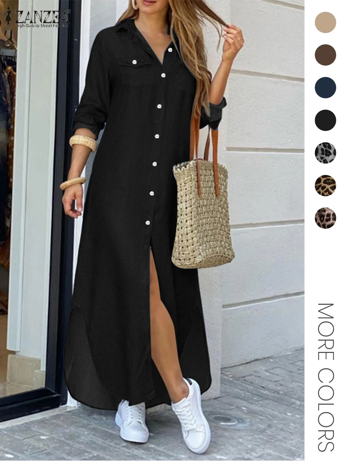 Women's Leopard Print Button Front Flap Pocket Shirt Fabric Dress, Casual Curved Hem Long Sleeve Collared Long Dress for Daily Wear, Ladies' Clothes for All Seasons, Womenswear