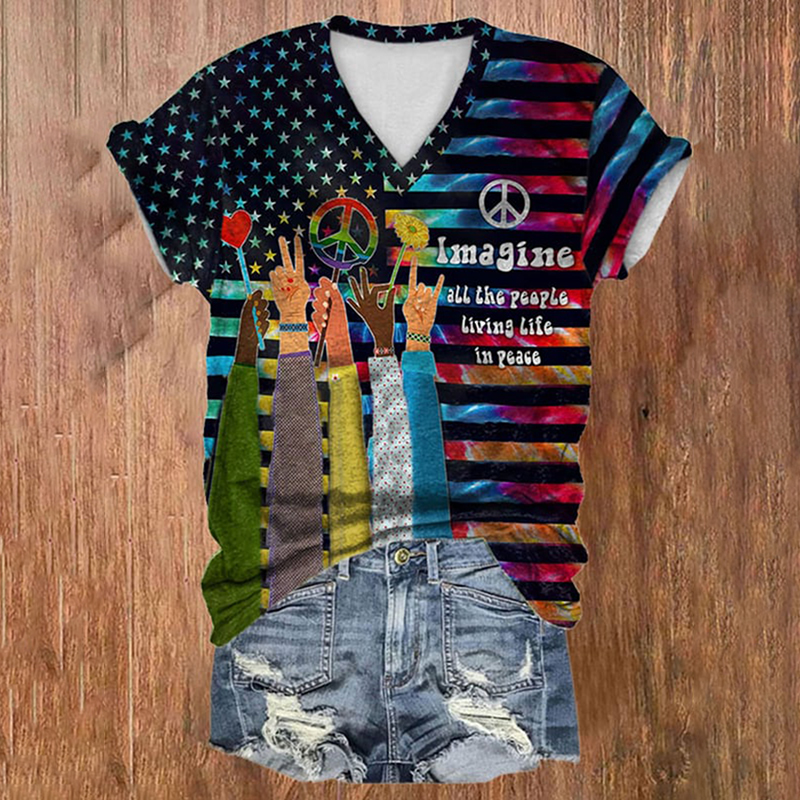 Comstylish Hippie Imagine All The People Living Life In Peace Print T-Shirt