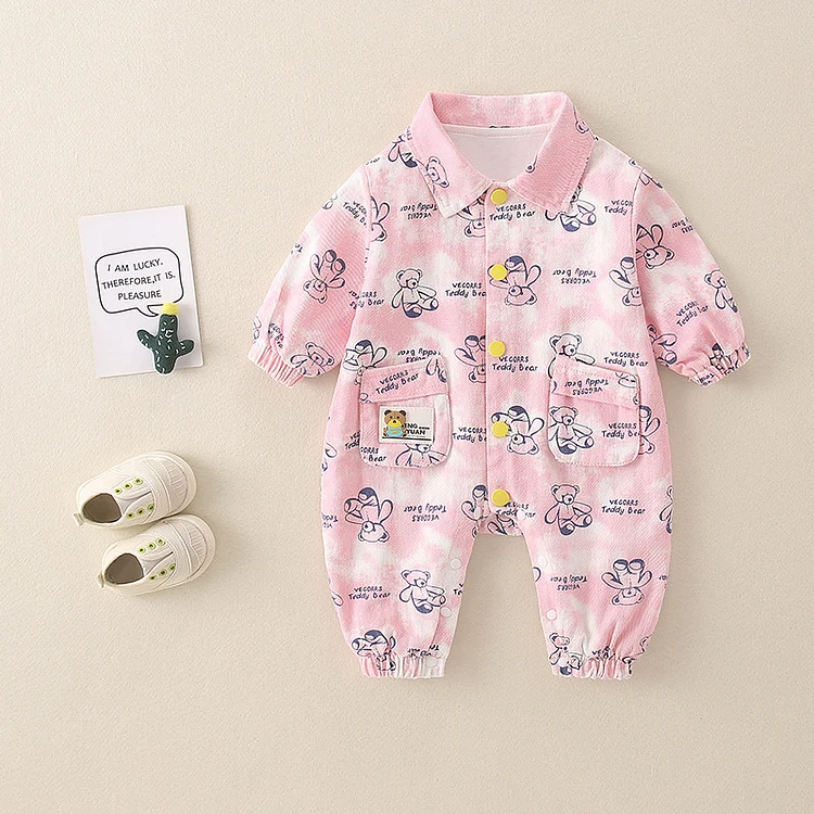 Baby Girl/Boy Allover Bear Graphics Pocket Long Sleeve Romper