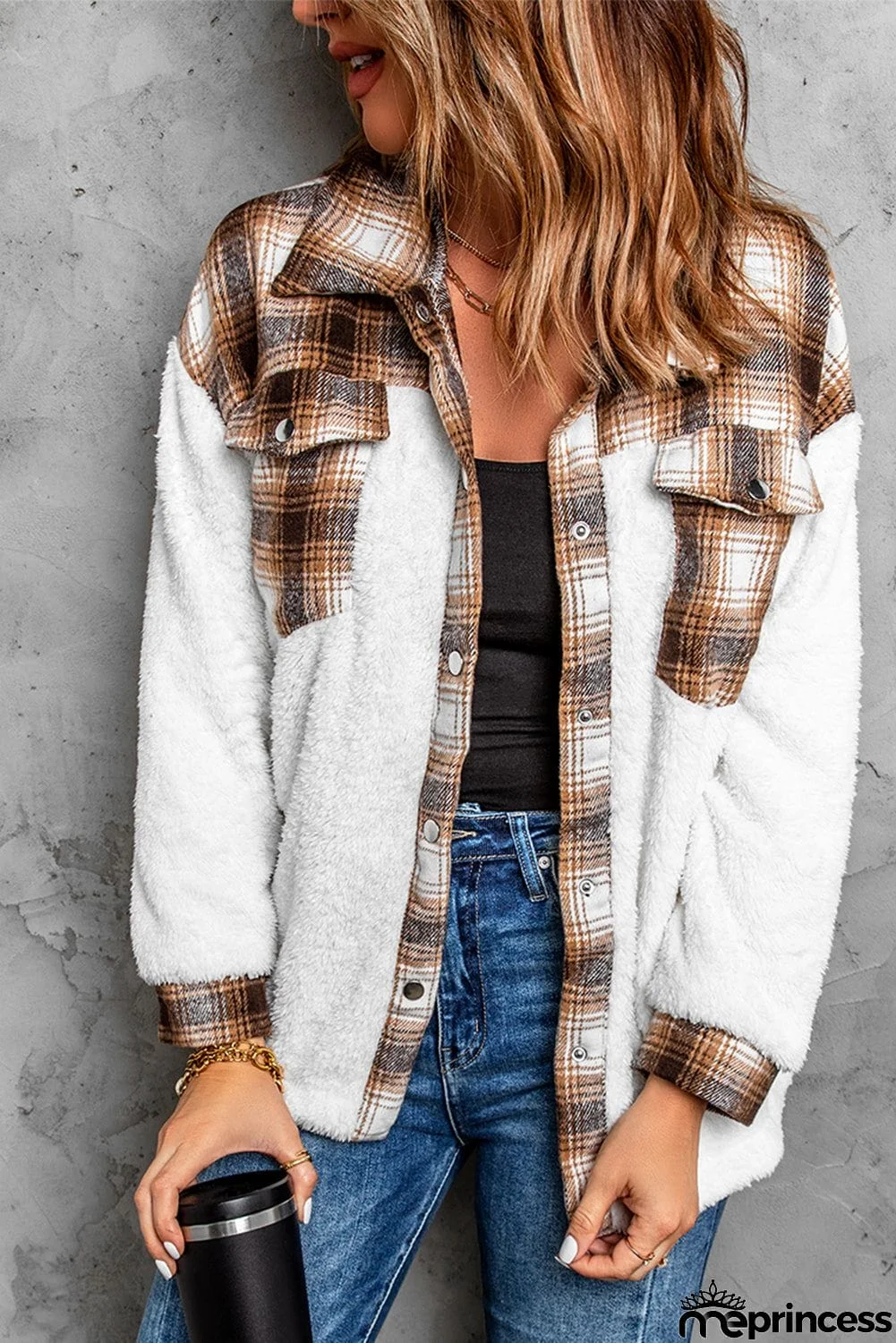 Plaid Patchwork Buttoned Pocket Sherpa Jacket