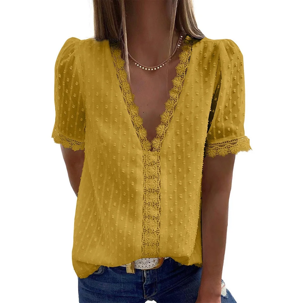 Women's Shirt Pure Color Jacquard V-neck Short Sleeves