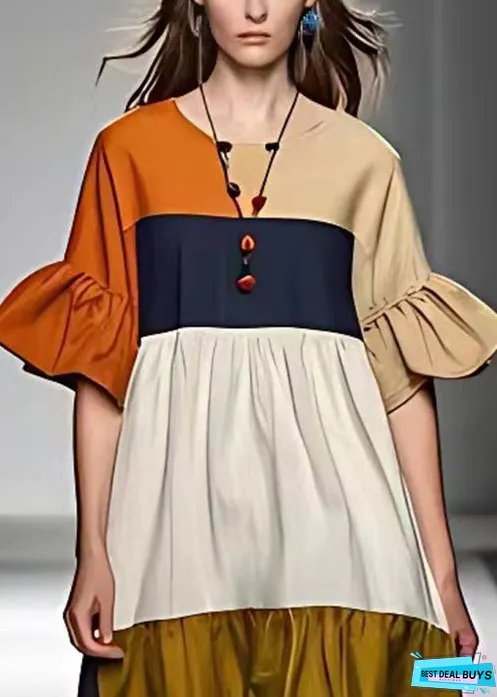 New Colorblock Wrinkled Patchwork Cotton Dresses Half Sleeve