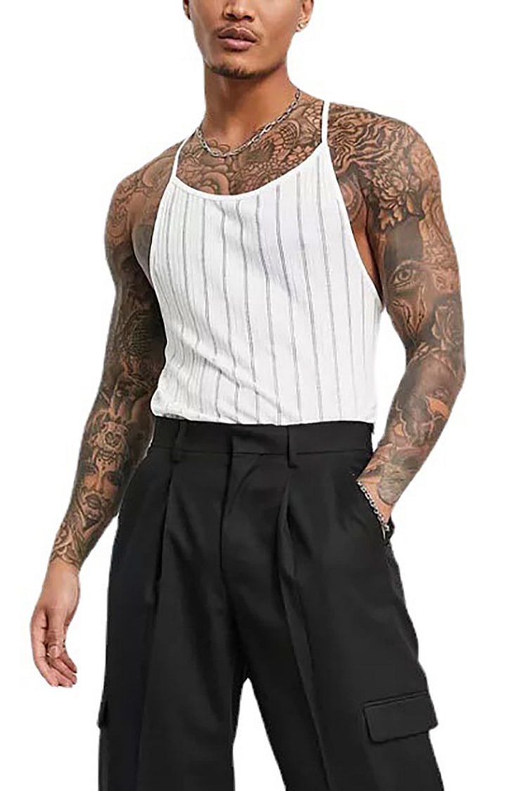 Men's White Stripe Print Loose Crossover Strap Hollow Out Tank Top
