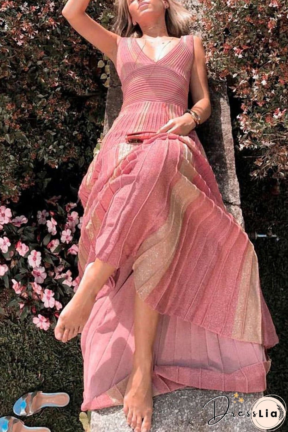 Striped Two-tone Sleeveless Prom Dress
