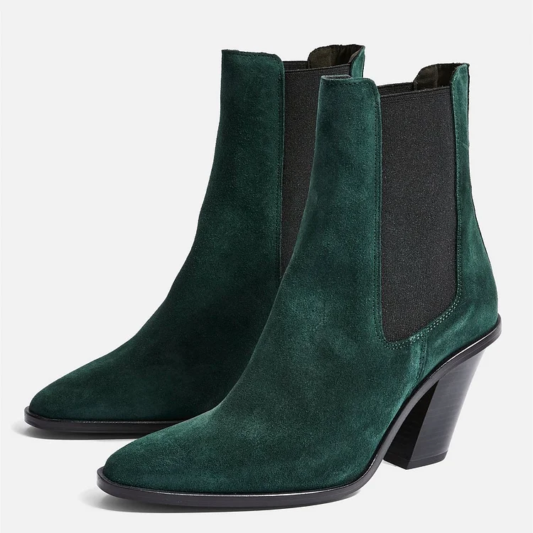 Green Suede Chelsea Boots Chunky Heels Ankle Boots |FSJ Shoes