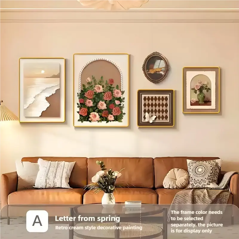 Cream Style Living Room Decor Painting - French Vintage Floral Sofa Background Wall Art（TS20）