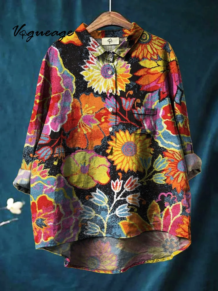 Bright Soft And Luxurious Flowers Printed Cotton And Linen Shirt