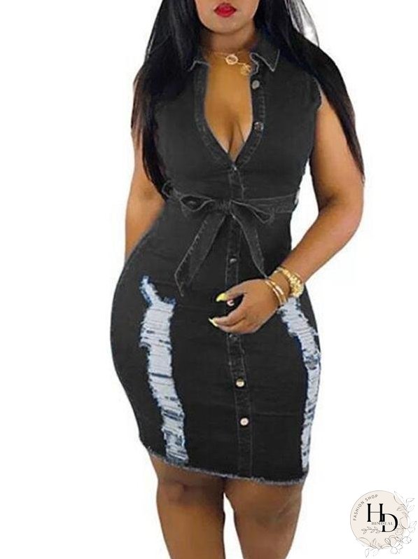 Distressed Denim Button Sleeveless Frayed Mini Dress With Belt for Women